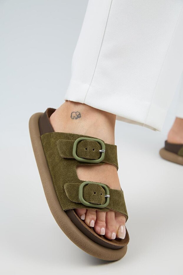 (Lavanda 2) Women's Genuine Leather Double Buckle Khaki Slippers