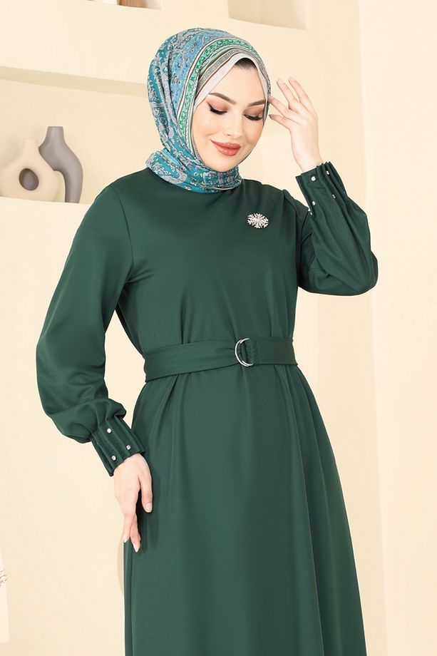 Kolları Taşlı Tesettür Elbise 397DVL817 Zümrüt - 3