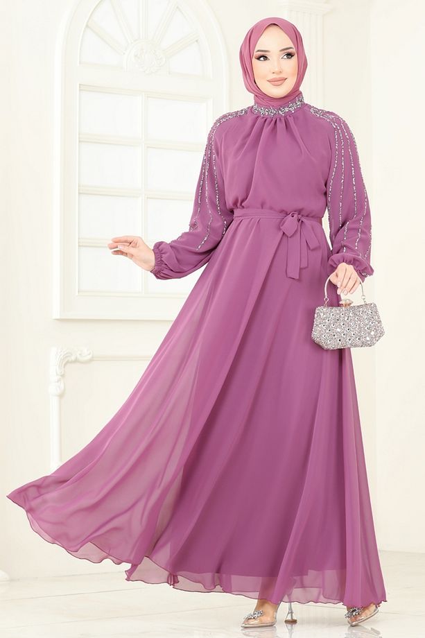 Kolları Taşlı Şifon Abiye 5666EDF311 Gül Kurusu - 5