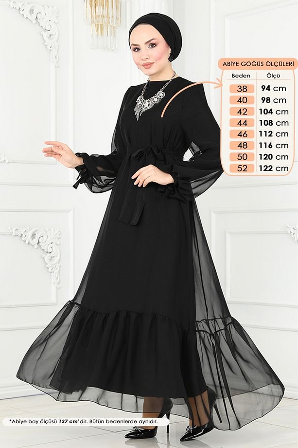 Manşeti Bağcıklı Abiye Elbise 5678EDF311 Siyah - 2