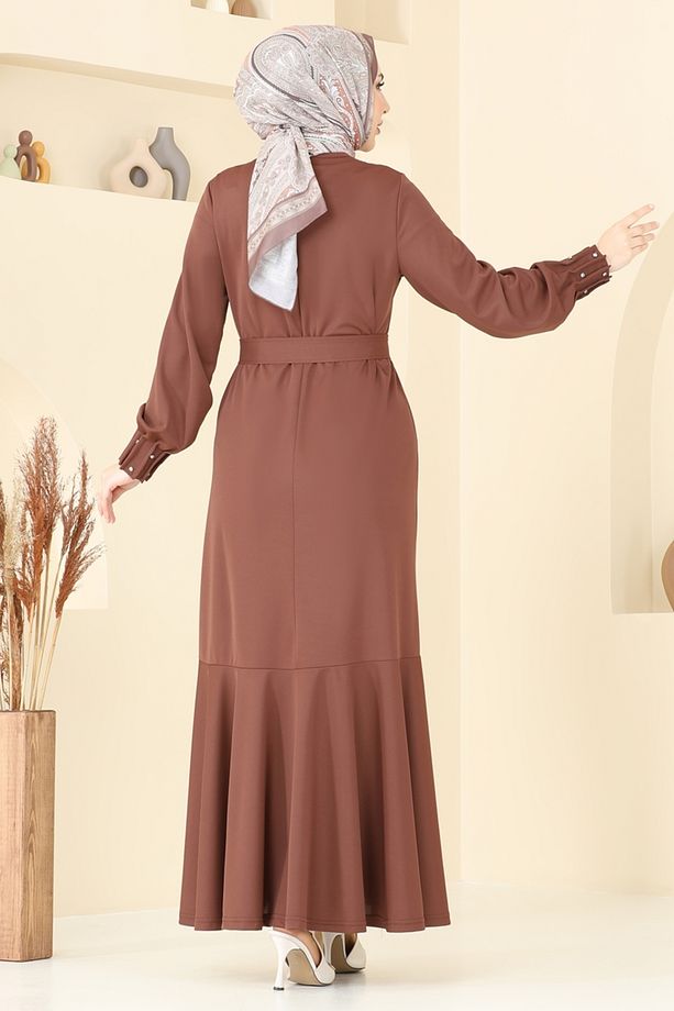 Kolları Taşlı Tesettür Elbise 397DVL817 Kahve - 4