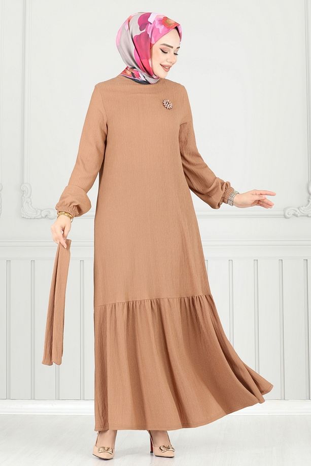 Broş Detay Bürümcük Elbise 422DVL817 Latte - 2