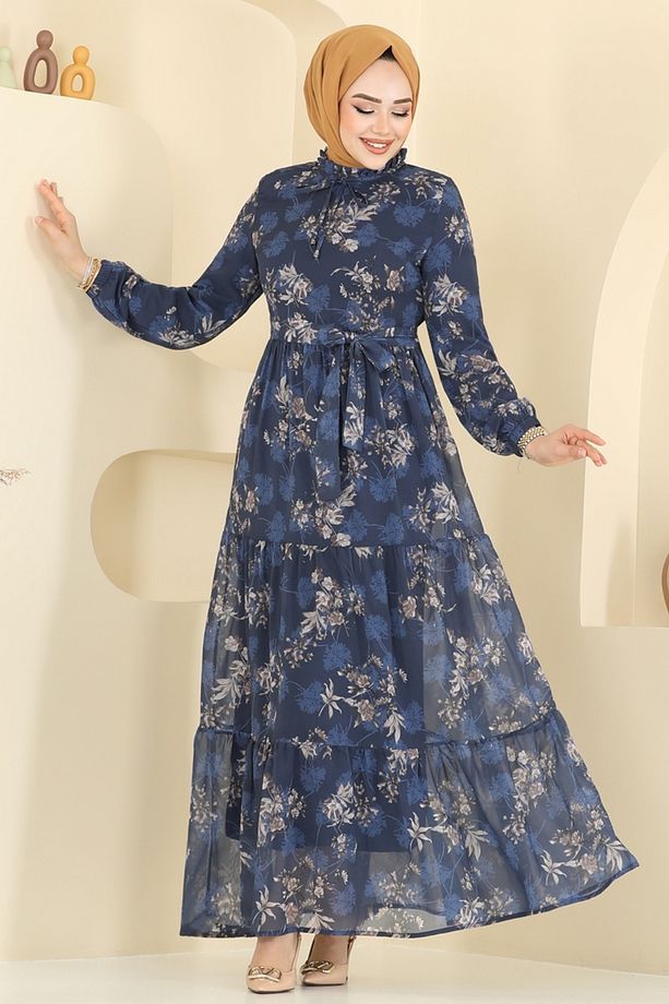 Yaprak Desen Şifon Elbise 5205AL357 Laci - 5