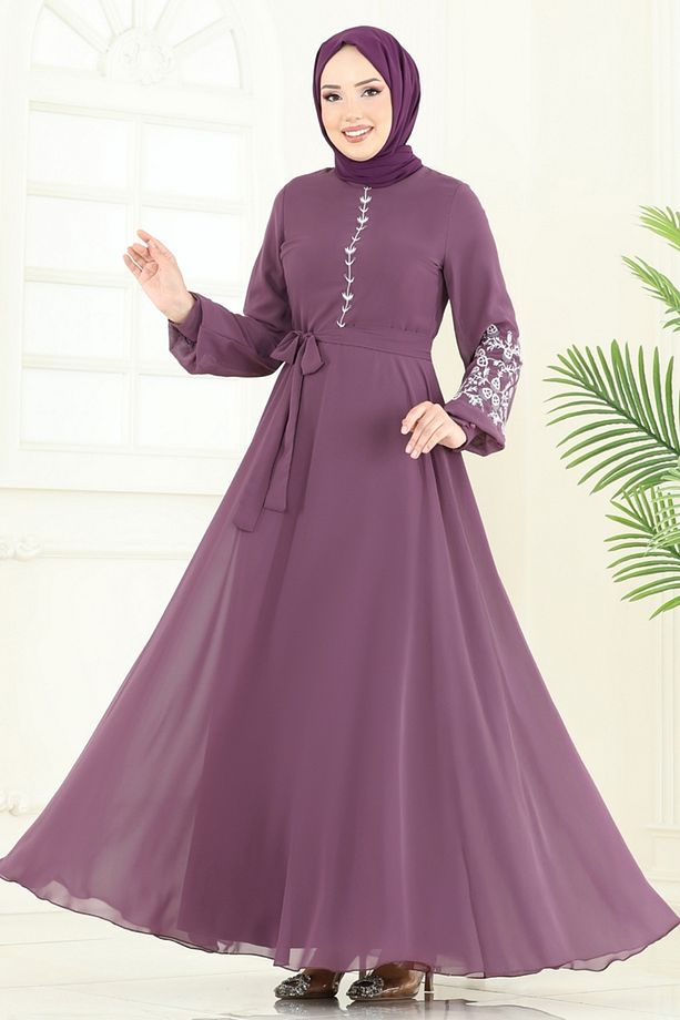 Nakış İşlemeli Şifon Elbise 8022AB368 Koyu Lila - 2