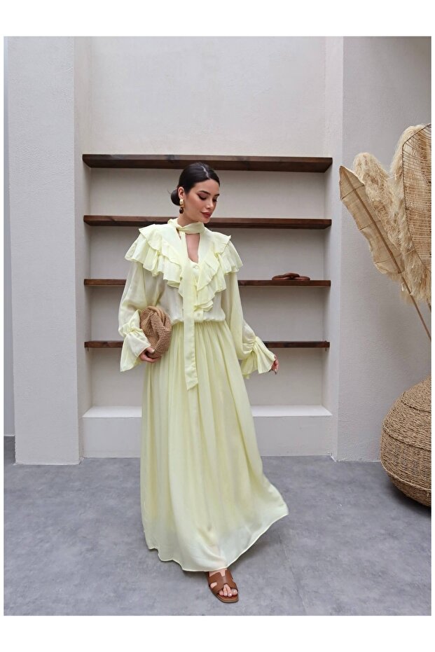 Balloon Sleeve Ruffled Bust Dress