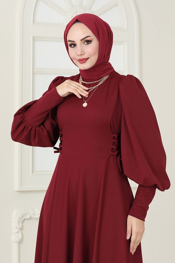 Yandan Bağcıklı Scuba Elbise 4608ALG474 Bordo - 2