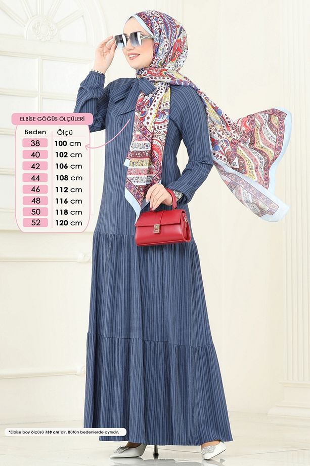 Fular Yakalı Tesettür Elbise 4076PM271 İndigo - 1