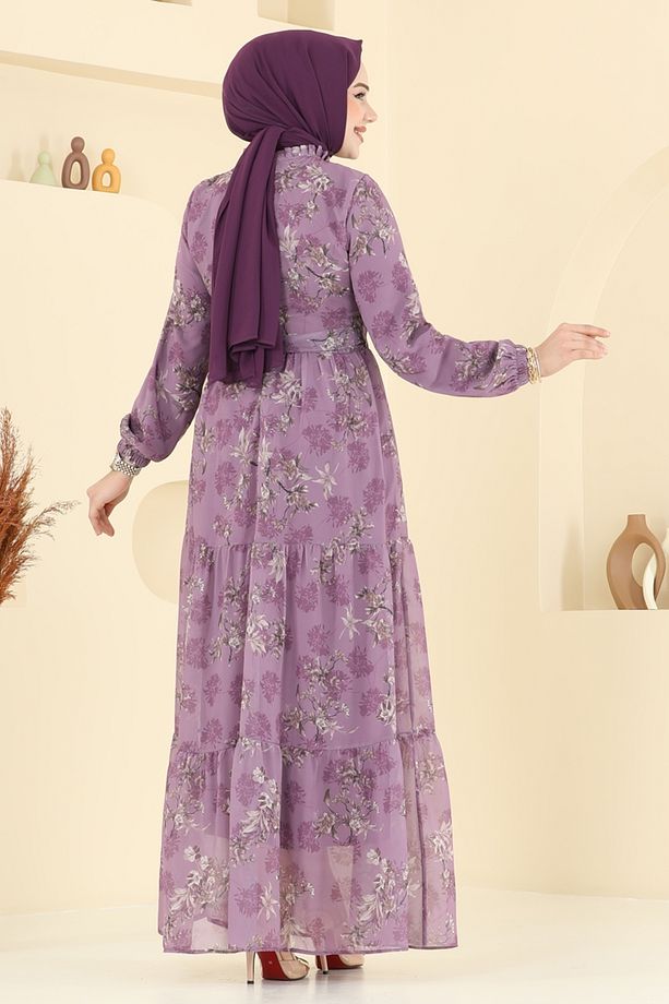Yaprak Desen Şifon Elbise 5205AL357 Koyu Lila - 5