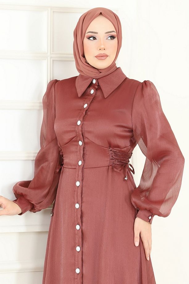 Beli Bağcıklı Abiye Elbise 8038AB368 Bakır - 3