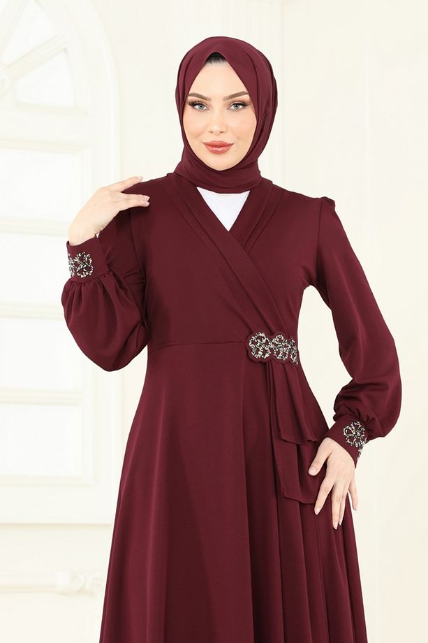 Taş Detay Abiye Elbise ASM2804 Bordo - 3