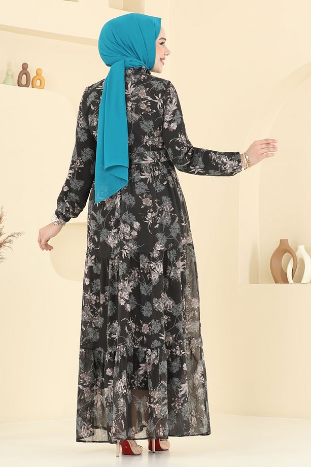 Yaprak Desen Şifon Elbise 5205AL357 Siyah - 5