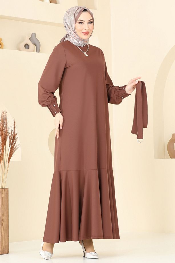 Kolları Taşlı Tesettür Elbise 397DVL817 Kahve - 2