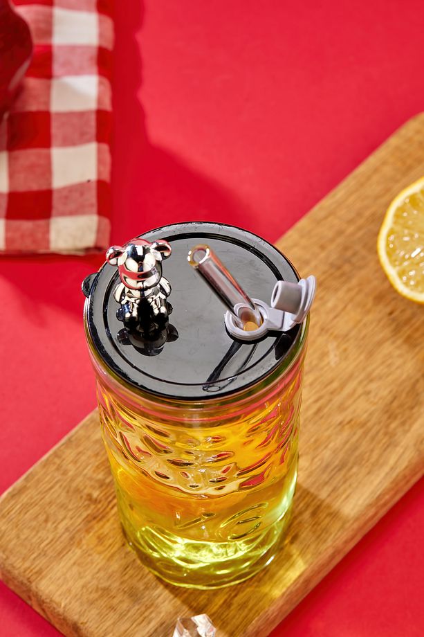 Ayıcık Figürlü - Meşrubat / Cam Bardak / 420 ml / Cam Pipet Hediyeli / Siyah - Tekli - 4