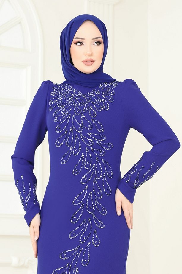 Taş Detay Abiye Elbise 4407MDH809 Saks - 2