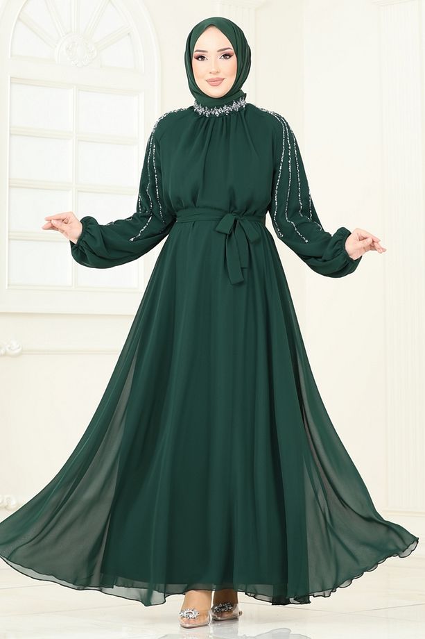 Kolları Taşlı Şifon Abiye 5666EDF311 Zümrüt - 1