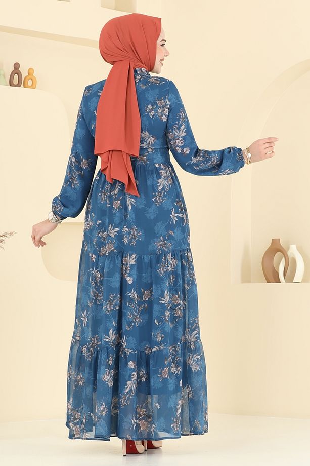 Yaprak Desen Şifon Elbise 5205AL357 İndigo - 4