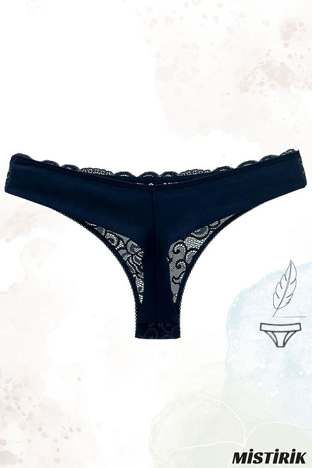Masara Model Yarı Dantelli Yumuşak Kumaş String Külot Tanga Model Lacivert Renk - 3