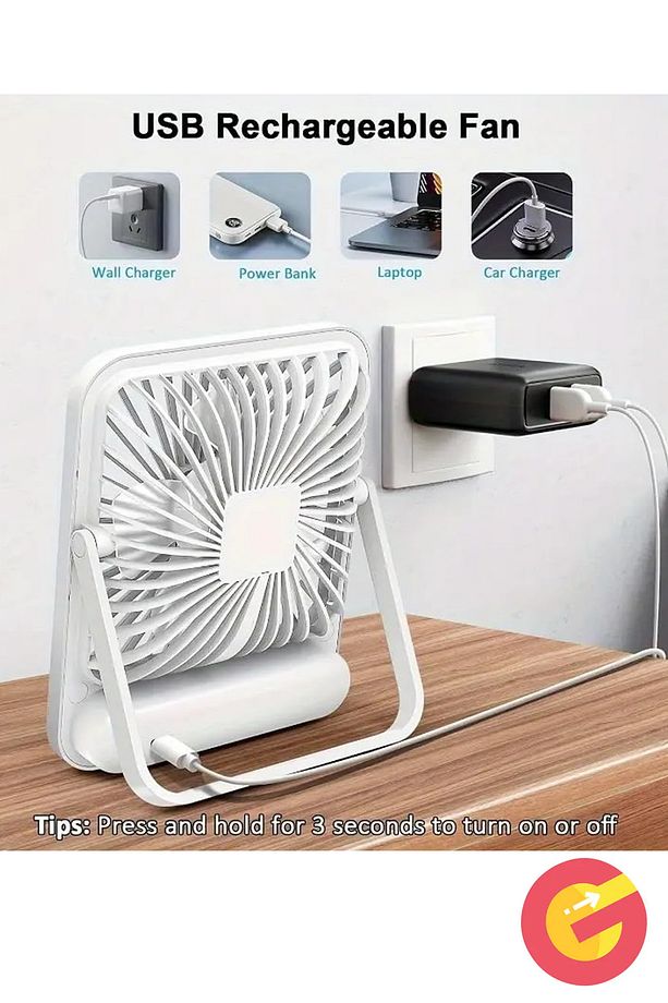Şarjlı Sessiz Mini Fan Vantilatör, 1 Adet, 180° Ayarlanabilir, 5 Hız, LED Göstergeli, Type-C Şarj - 7
