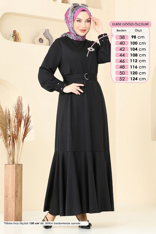 Kolları Taşlı Tesettür Elbise 397DVL817 Siyah - 2