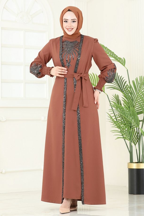 Yelekli Abiye Elbise Takım ASM2758 Taba - 5