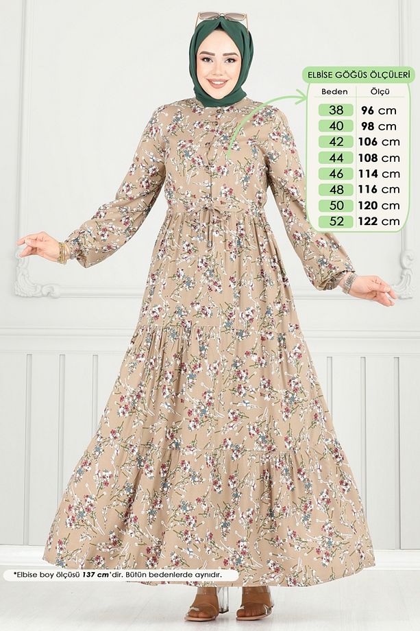 Çiçek Desen Tesettür Elbise 7122BG354 Koyu Vizyon - 1
