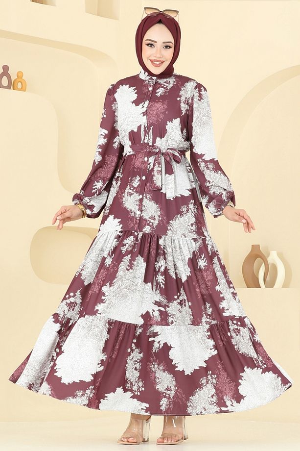 Yarım Düğmeli Desenli Elbise 4458BRZ597 Desen1 Mürdüm - 5