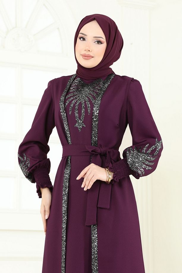 Yelekli Abiye Elbise Takım ASM2758 Mürdüm - 3