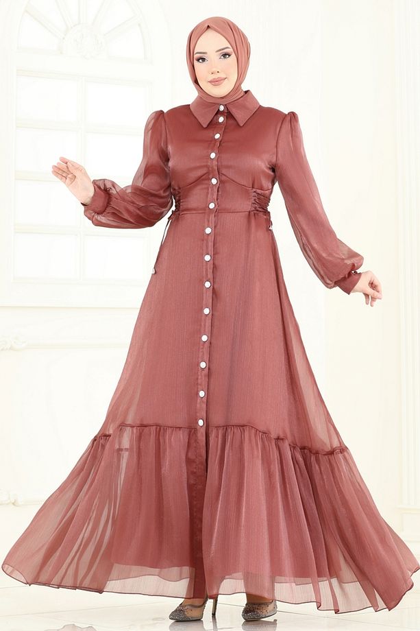 Beli Bağcıklı Abiye Elbise 8038AB368 Bakır - 2