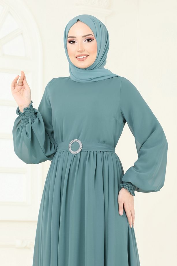 Manşeti Lastikli Şifon Elbise 5672EDF311 Mint - 3