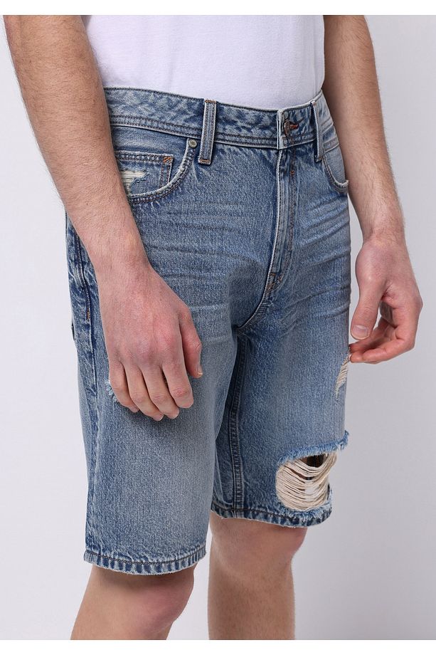 Regular Fit Orta Bel Düz Erkek Denim Jean Şort - 4