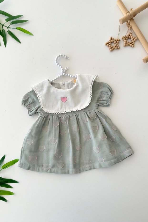 My Little One's Baby Girl Lined Dress with Heart Detailed Collar - Green