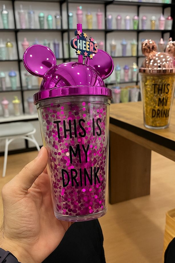 Mickey Mouse Kulaklı Simli Pipetli Bardak – "THIS IS MY DRINK" Yazılı - 3