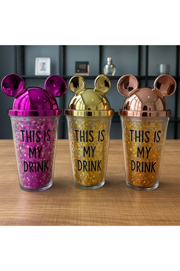 Mickey Mouse Kulaklı Simli Pipetli Bardak – "THIS IS MY DRINK" Yazılı - 2