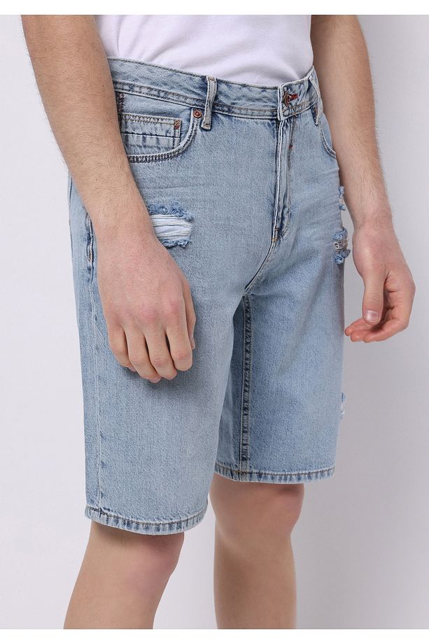 Regular Fit Orta Bel Düz Erkek İndigo Jean Şort - 4
