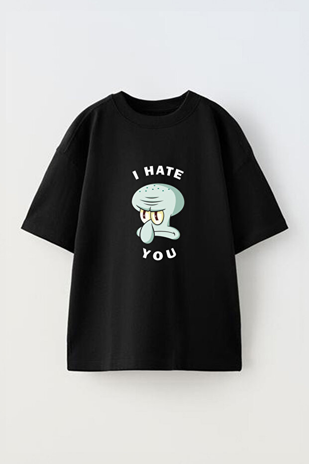 Sünger Bob Squidward I Hate cccÖn Baskılı Pamuk Siyah Oversize T shirt - 1