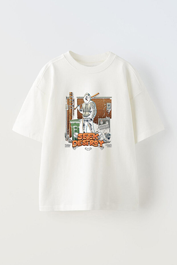 Seek Destroy Front Printed Cotton White Oversize t Shirt - 1