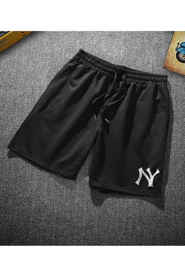 NY New York Logolu Siyah Erkek Şort – Likralı Rahat Kalıp Yazlık Spor Şort - 1