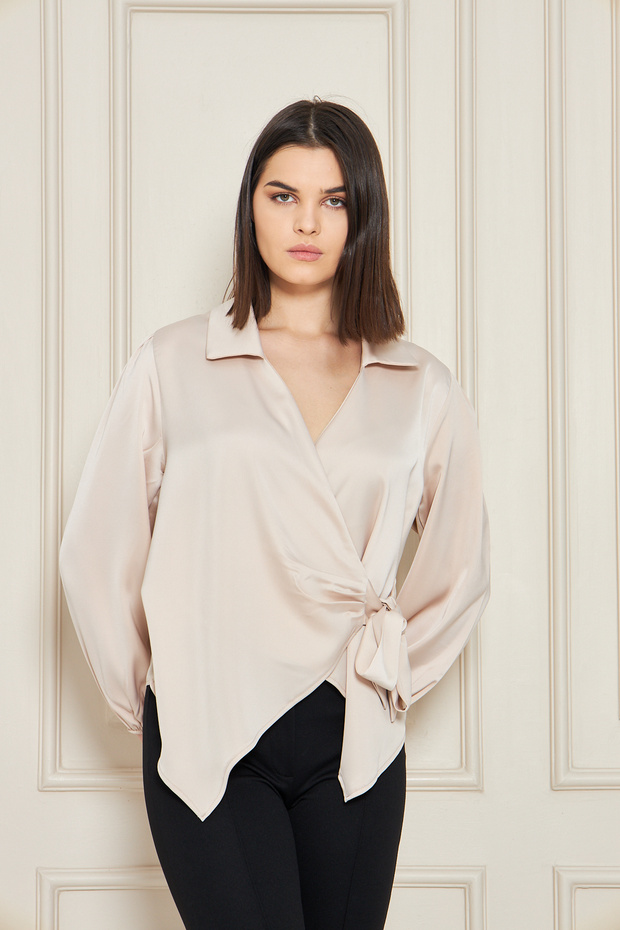 Women's Stone Double Breasted Side Tie Satin Blouse Shirt