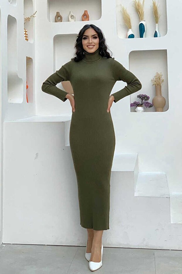 Women's Full Turtleneck Long Sleeve Hijab Suitable Ribbed Camisole Fabric Dress Length 135 Cm