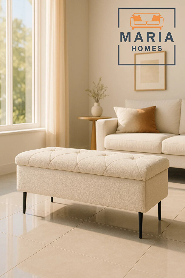 Tufted Rectangular Ottoman with Black Metal Legs