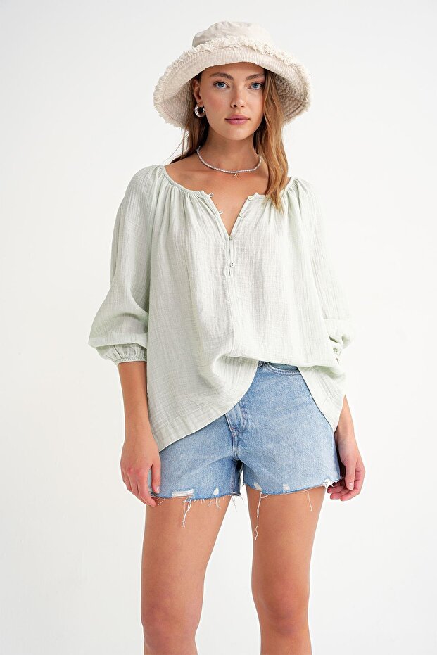 4707 Women's Gathered Collar Sleeve Elastic Loose Muslin Blouse Sage