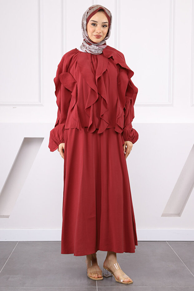 Burgundy Blouse Ruffled Skirt Suit