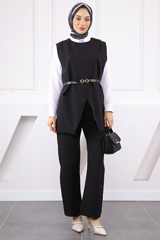 Black Shoulder Buttoned Vest and Trousers Suit
