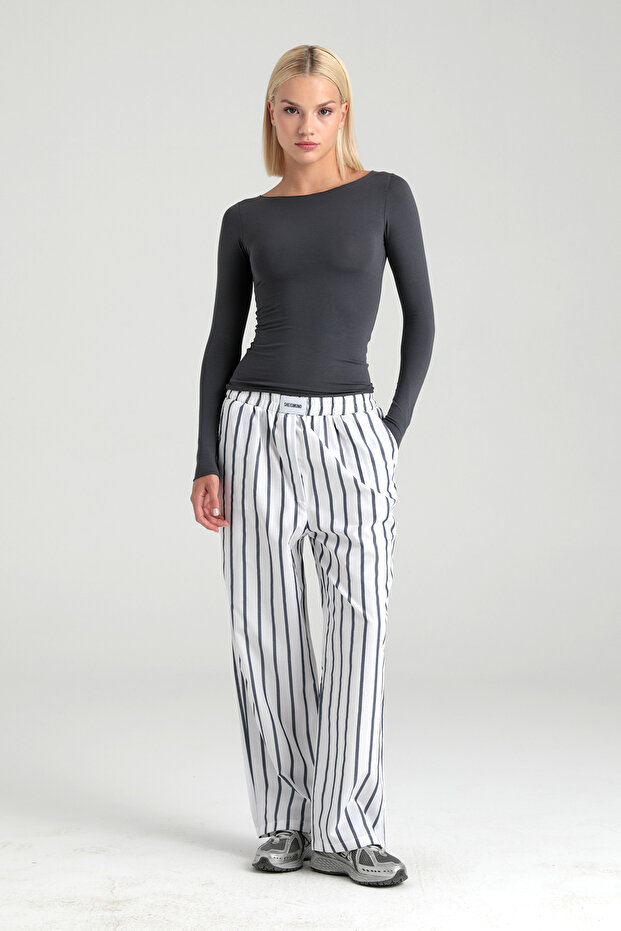 Poplin Striped Elastic Waist Trousers White