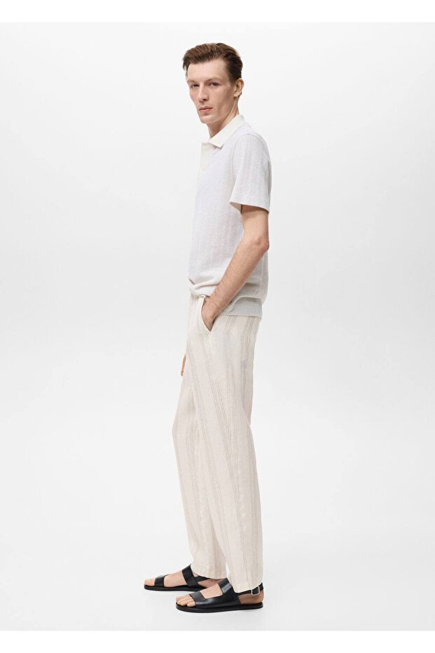 Elastik bel bantlı %100 keten pantolon - 5