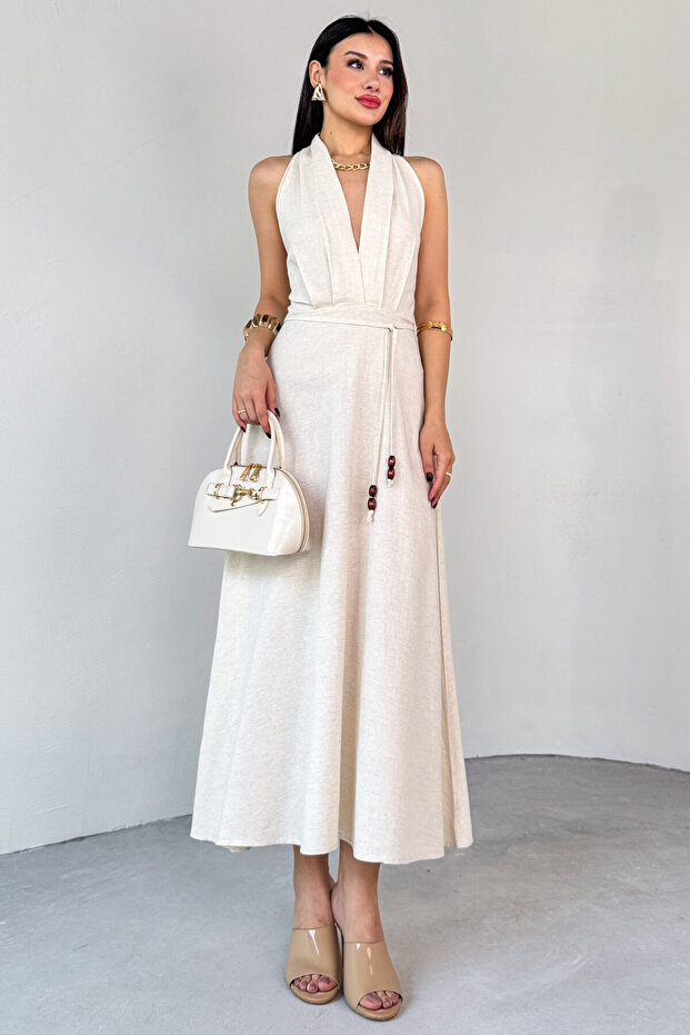 Elb-01787 Ecru Backless Thin Belt Detailed Linen Summer Dress