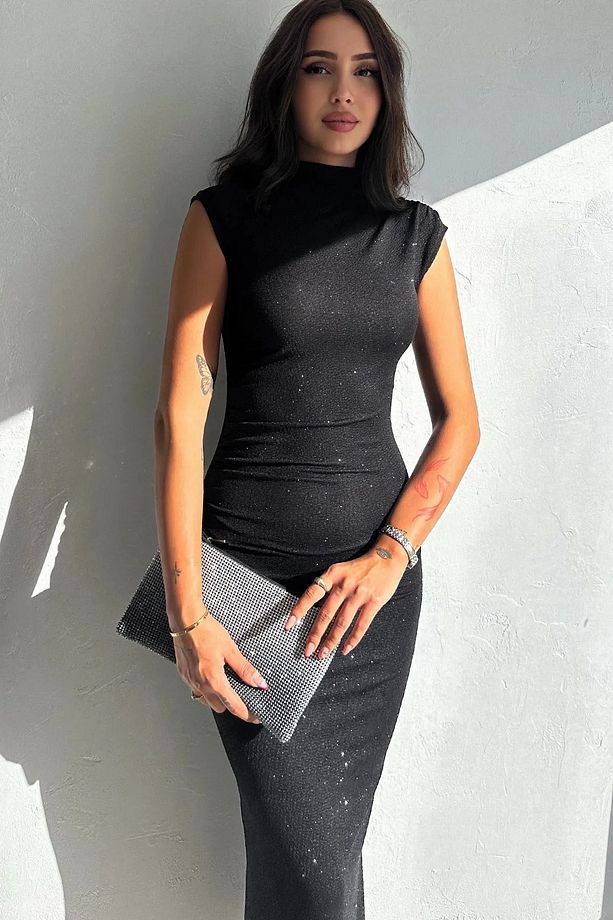 DRAPE DETAYLI SİMLİ ABİYE ELBİSE - 1