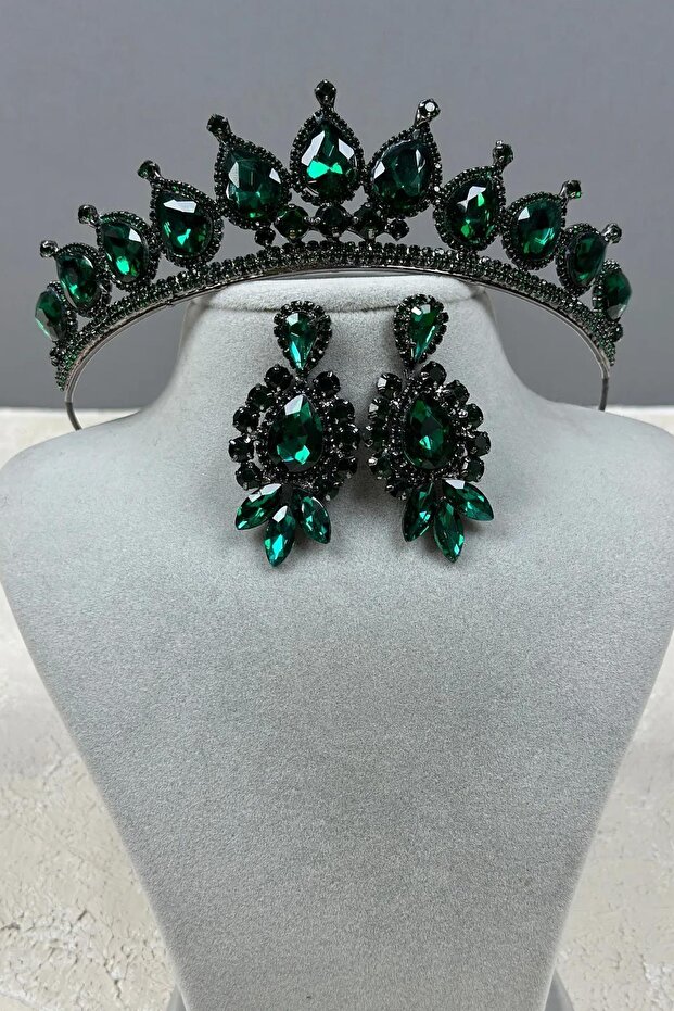Neri Model Wedding Henna Costume Crown and Shuttle Drop Earrings Set Green