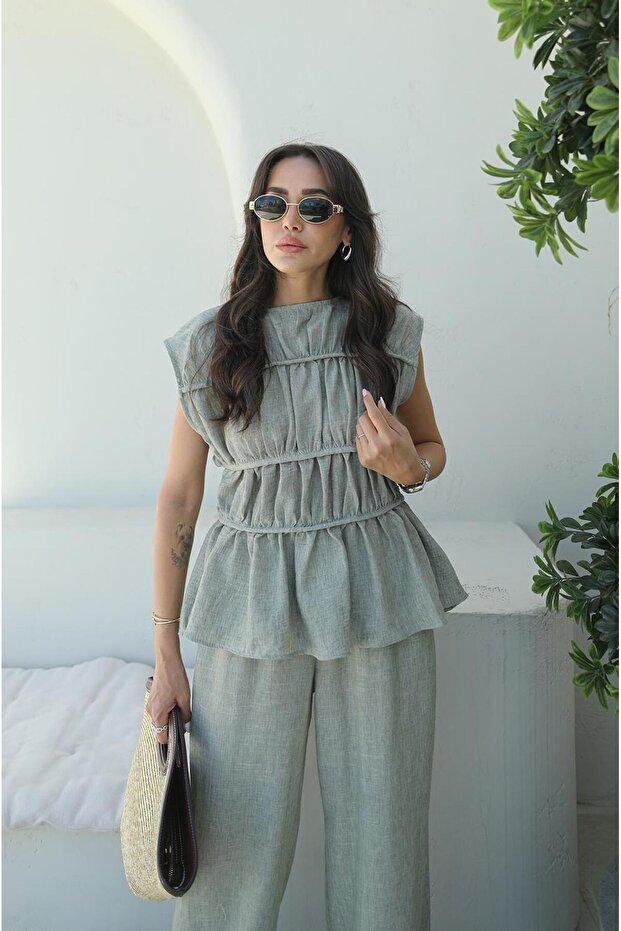 مجموعة سراويل بلوزة ذات طبقة خضراء - 7