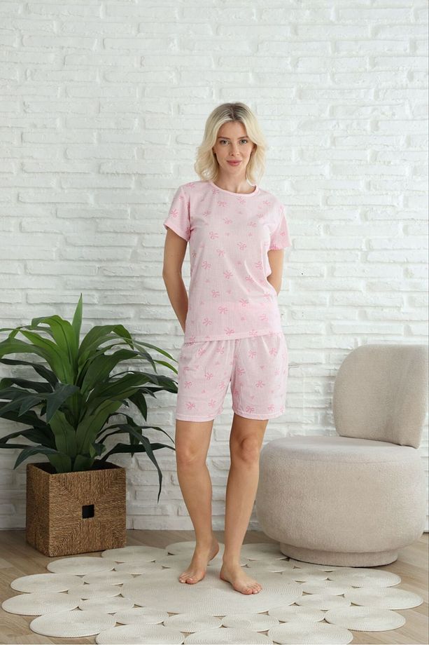 PEMBE FİYONK DESENLİ ŞORTLU ÖRME PİJAMA TAKIMI - 3